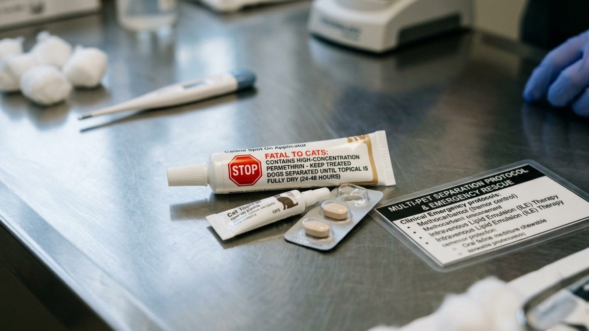Canine concentrated permethrin spot-on parasite medication packaging emphasizing extreme toxic hazard to domestic cats.