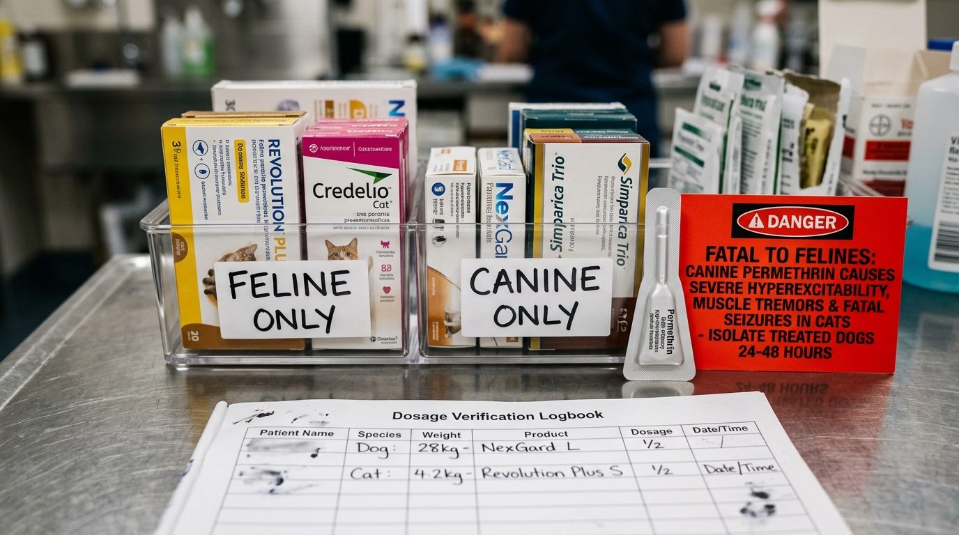 Figure 1: Multi-Pet Parasiticide Segregation & Permethrin Toxicity Exhibit — Macro clinical view of labeled segregated acrylic storage bins separating cat-safe topicals from high-concentration canine permethrin tubes, with prominent fatal feline neurotoxicity warnings.