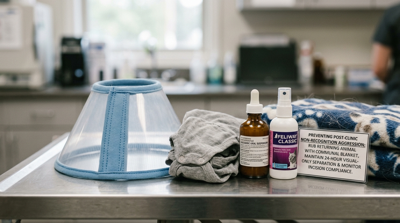 Figure 1: Post-Clinic Non-Recognition Prevention & Scent Reintroduction Exhibit — Macro view of an unwashed communal scent-swapping blanket, Feliway Classic spray bottle, padded recovery E-collar, and clinical protocol card for safe post-surgical reintroduction.