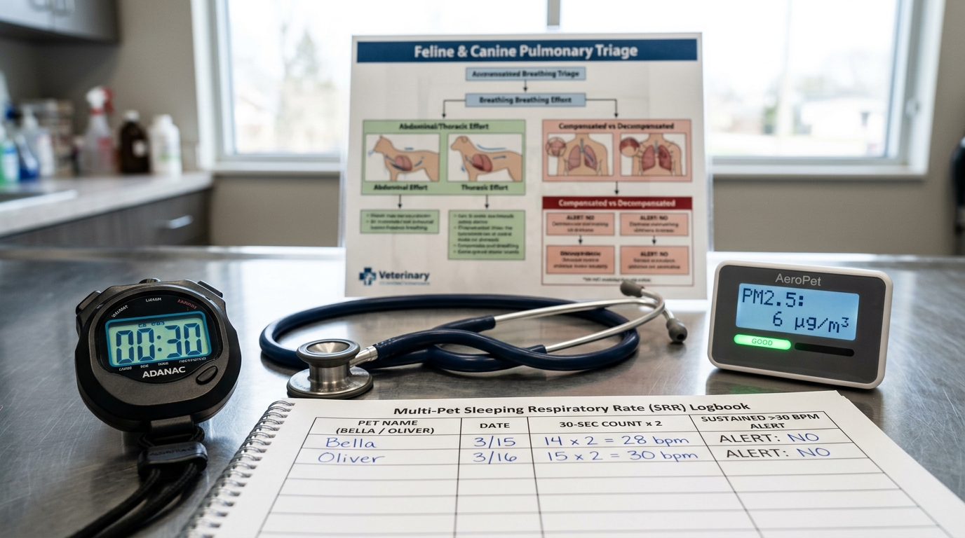 Figure 1: Multi-Pet Sleeping Respiratory Rate (SRR) & Air Quality Exhibit — Macro layout of a digital 30-second timer, pediatric stethoscope, Multi-Pet SRR tracking journal with Bella and Oliver entries, PM2.5 monitor, and cardiopulmonary triage charts.