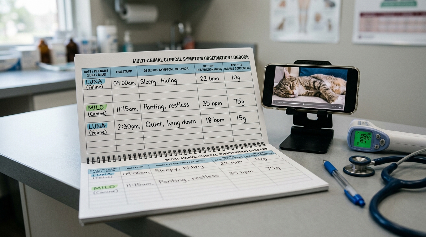 Figure 1: Multi-Pet Consent-Based Symptom Tracking Logbook Exhibit — Macro layout of an open clinical journal with color-coded columns for individual pets, beside non-invasive video playback of resting respiratory rates and contactless infrared thermometers.