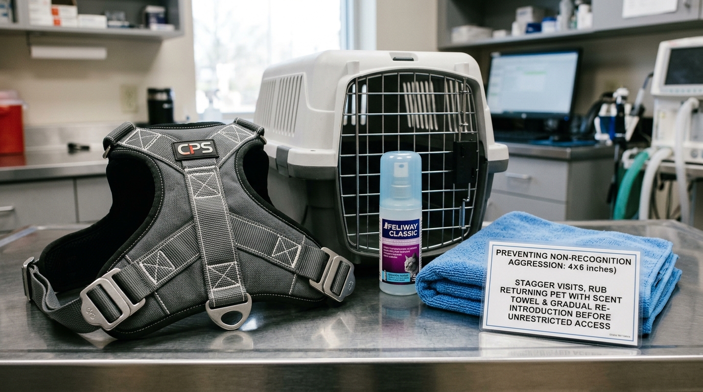 Figure 1: Multi-Pet Travel Safety & Non-Recognition Prevention Exhibit — Macro clinical view of a CPS crash-tested dog harness with steel buckles, two-piece hard cat carrier, Feliway Classic spray bottle, scent-swapping towel, and post-visit protocol guides.