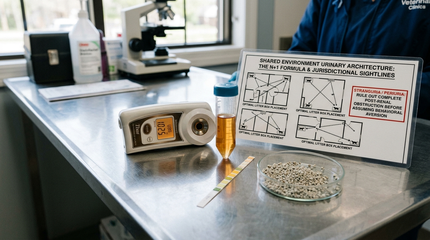 Figure 1: Multi-Cat Shared Environment Urinary Architecture & Urinalysis Exhibit — Macro display of digital refractometer readings (USG 1.025), reagent test strips, Nosorb non-absorbent collection litter, and the N+1 jurisdictional sightline layout map.