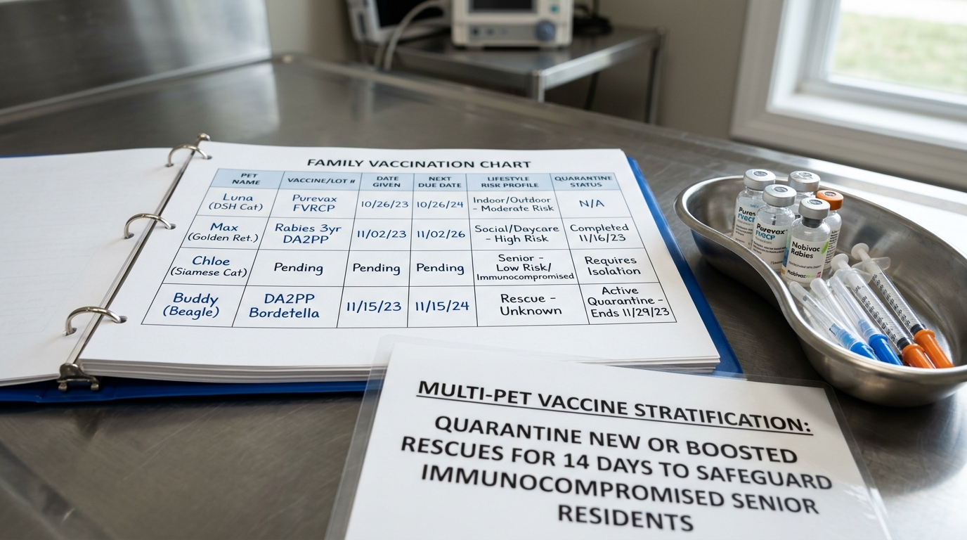 Figure 1: Multi-Pet Vaccine Biosecurity & Synchronization Record Exhibit — Macro layout of a multi-animal family vaccination binder tracking staggered boosters, Purevax feline and canine DA2PP vaccine vials, and official 14-day quarantine guidelines.