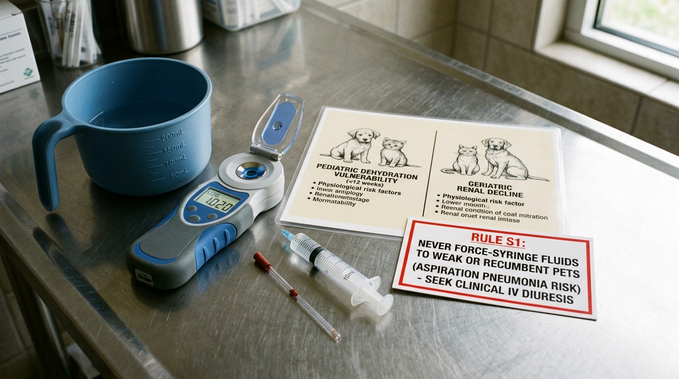 Figure 1: Pediatric & Geriatric Hydration Diagnostic Exhibit — Macro display of a graduated 50mL water bowl, digital refractometer (USG 1.020), microhematocrit tube, and clinical warning card highlighting the life-threatening risk of force-syringing fluids to recumbent animals.