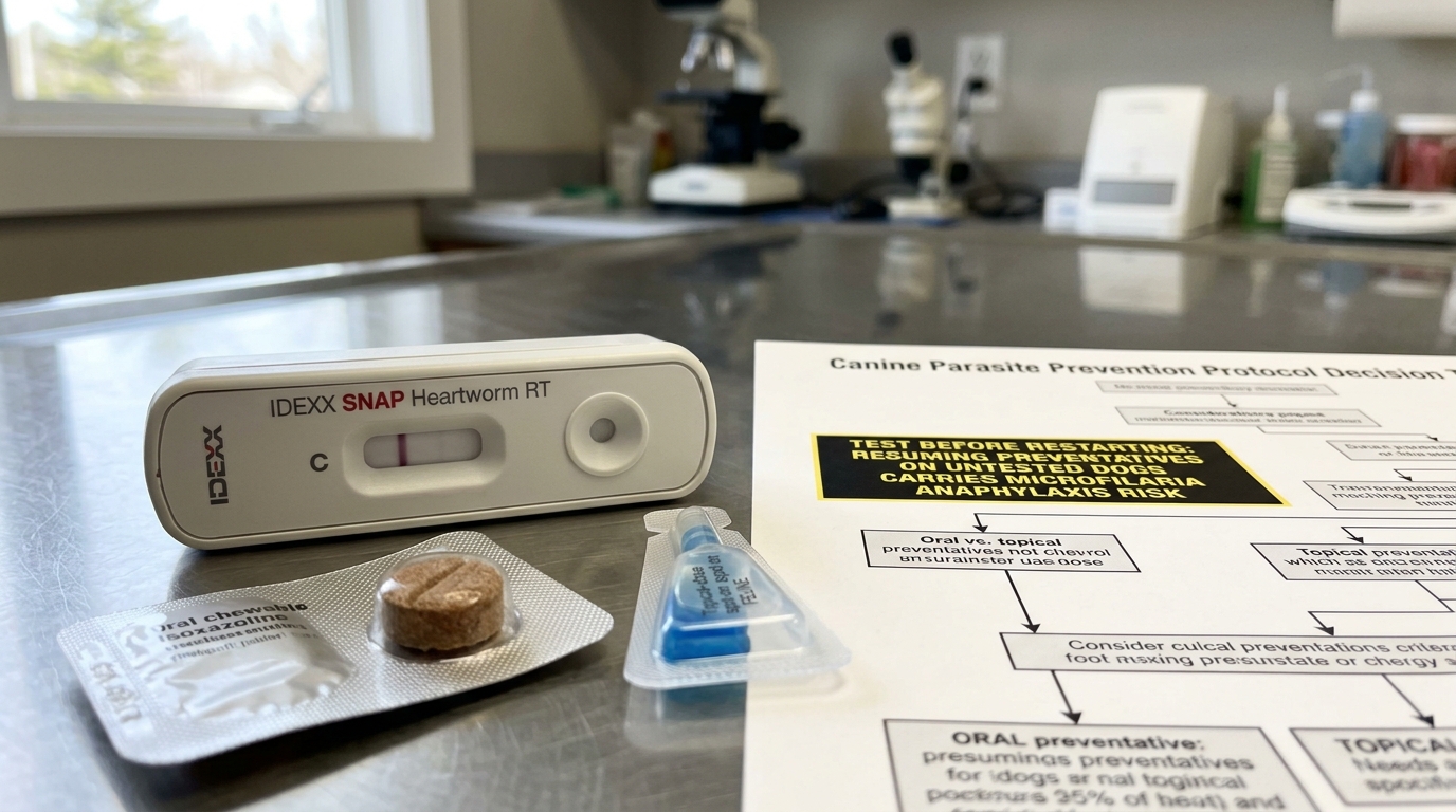 Figure 1: Parasite Preventative Decision Architecture & SNAP Antigen Exhibit — Macro display of an IDEXX SNAP Heartworm test cassette, chewable isoxazolines, and topical spot-on pipettes alongside a warning against restarting preventatives without antigen testing.