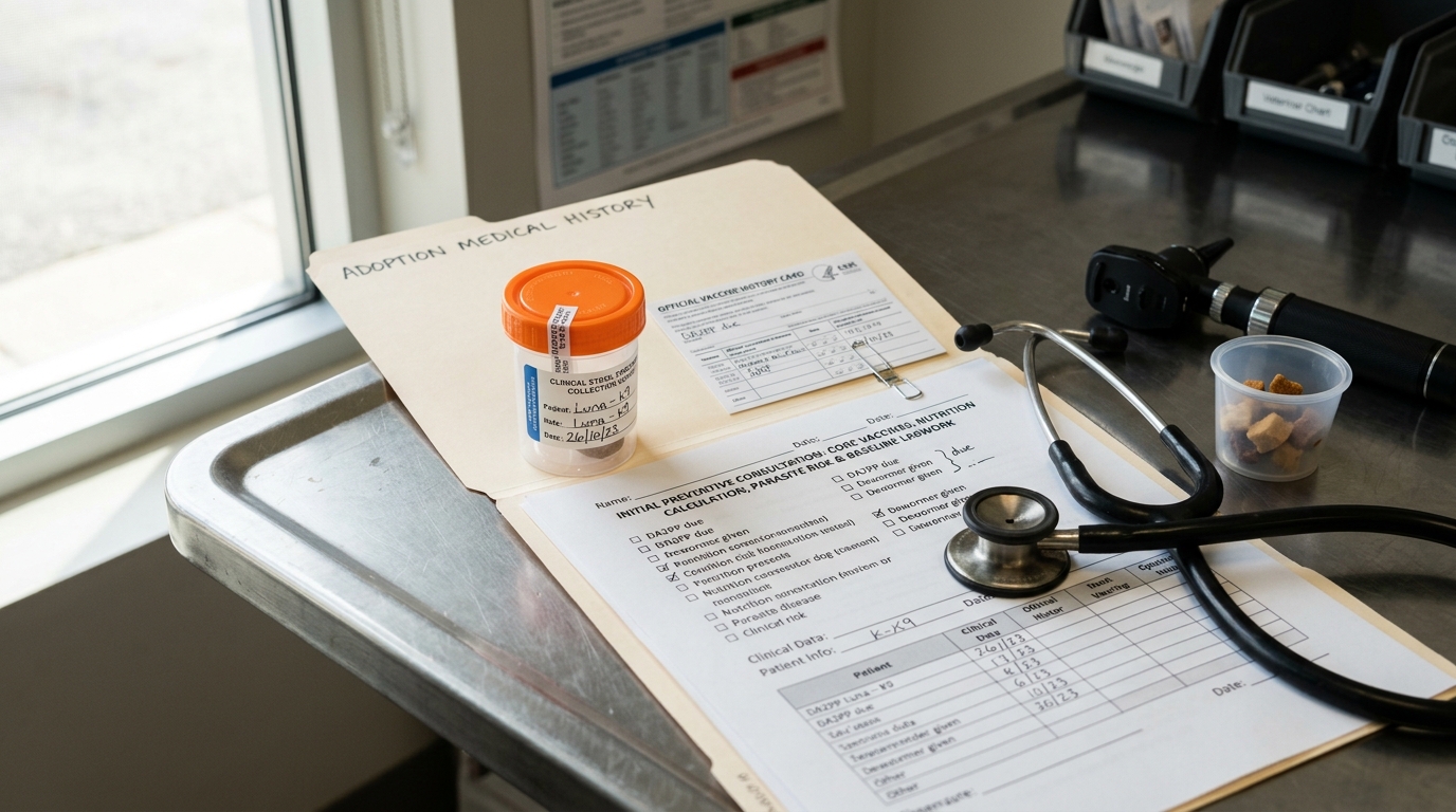 Figure 1: New Adopter Preventive Consultation Kit Exhibit — Macro clinical view of an adoption medical folder, tamper-evident stool specimen vial, vaccination audit sheet, structured consultation question checklist, and cardiology stethoscope.