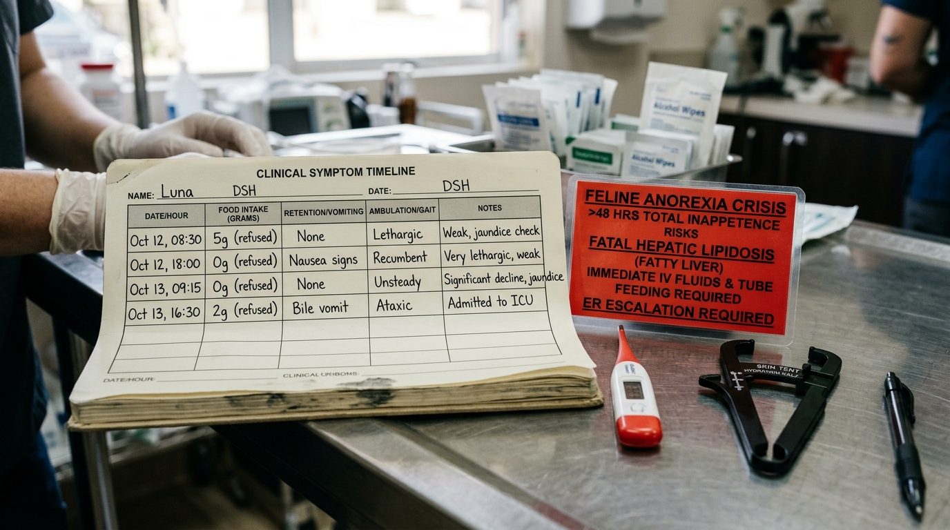 Figure 1: Clinical Symptom Timeline & Feline Hepatic Lipidosis Alert Exhibit — Macro layout of a structured symptom journal recording food grams and ambulation, alongside a digital thermometer, skin tent caliper, and urgent warning on feline inappetence.