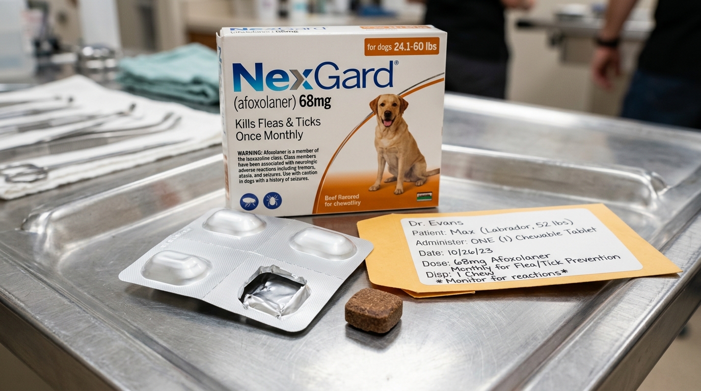 NexGard afoxolaner beef-flavored chewable tablet in opened blister pack with canine neurological safety warning