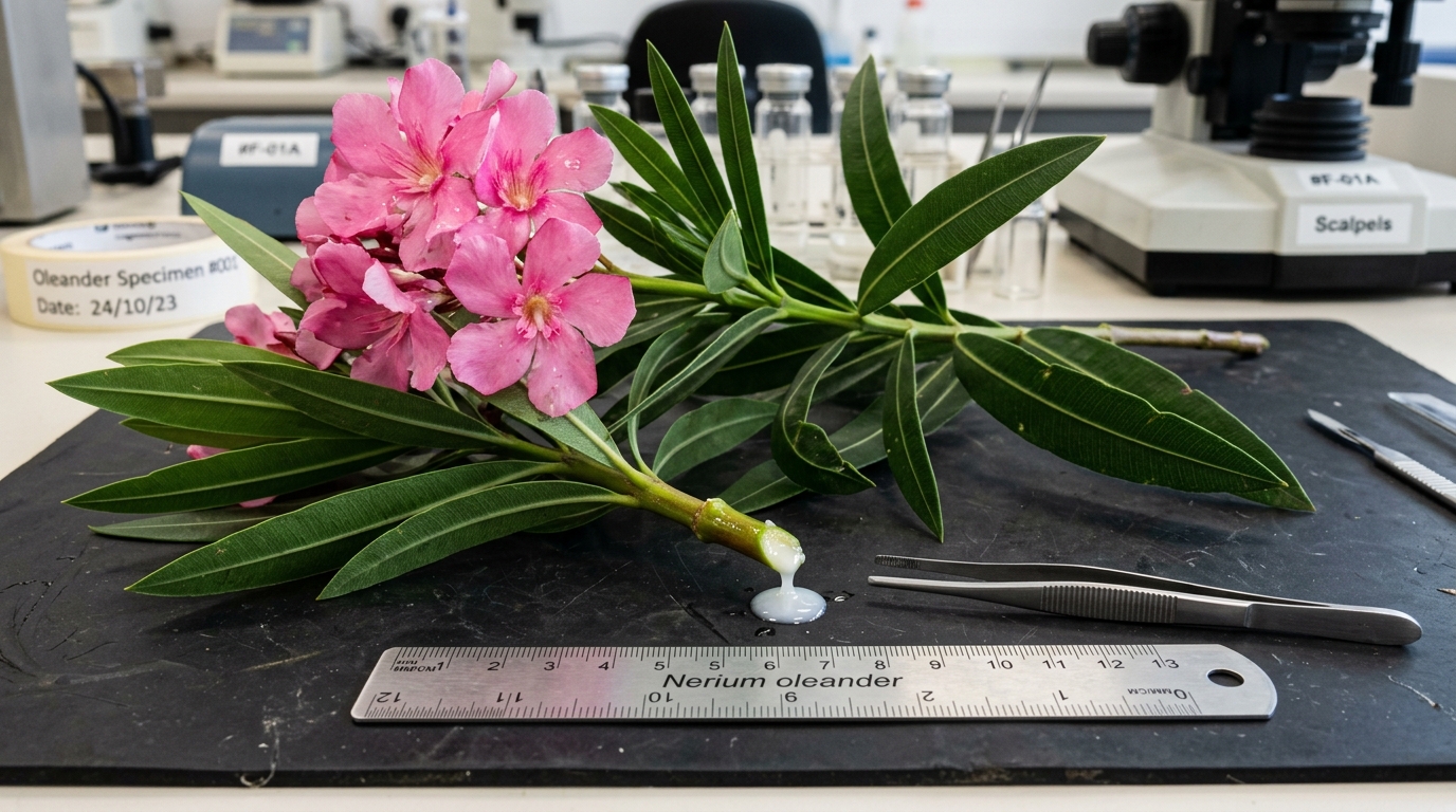 Botanical forensic photograph of pink oleander flowers and leathery leaves exuding white milky sap beside stainless steel metric ruler