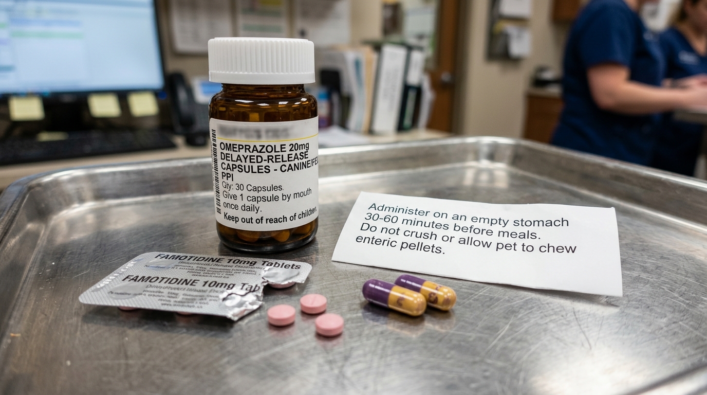 Amber prescription bottle of Omeprazole 20mg delayed-release capsules beside Famotidine 10mg tablets on stainless clinic tray
