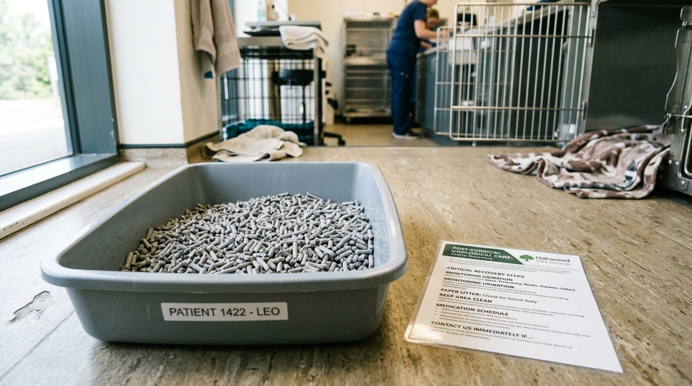 Pelleted non-clumping paper litter in clean pan for post-operative feline urological recovery