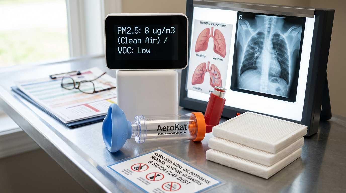 Figure 1: Feline Respiratory Air Quality & AeroKat Inhaler Exhibit — Macro diagnostic display of an illuminated PM2.5 air quality monitor reading 8 ug/m3 beside an AeroKat feline aerosol spacer chamber, H13 True HEPA filter cross-section, feline asthma radiograph, and airborne toxin warnings.