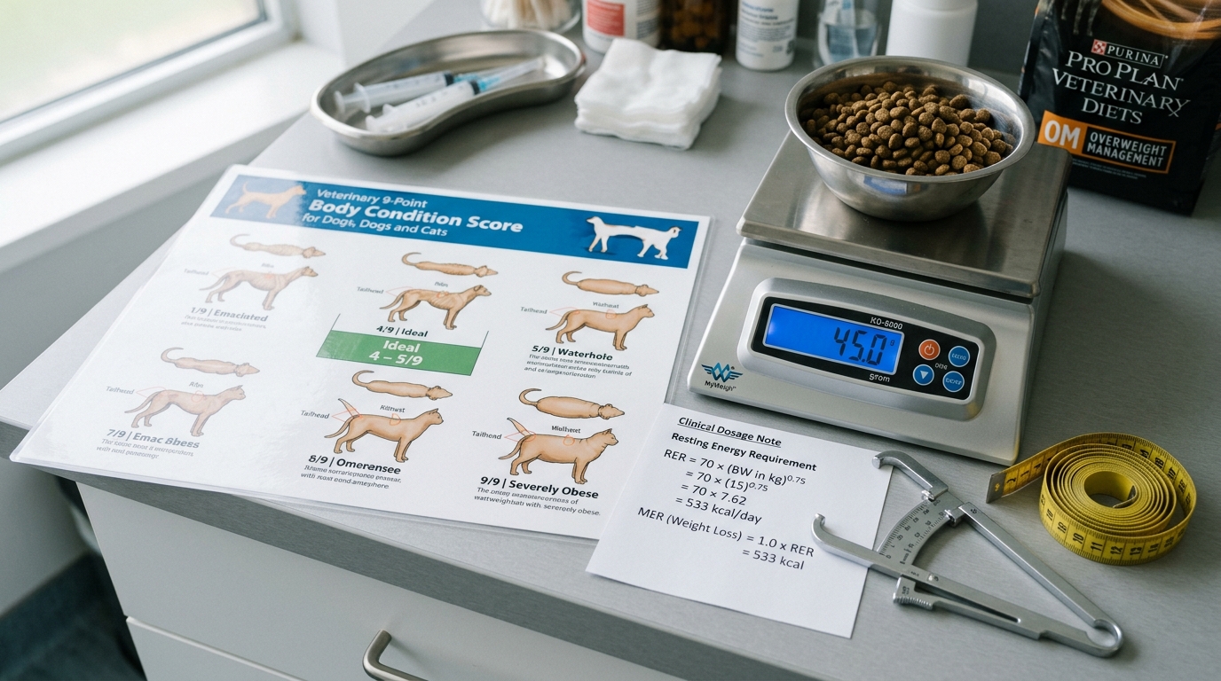 Clinical chart showing 9-point Body Condition Score illustrations and daily caloric calculation formula