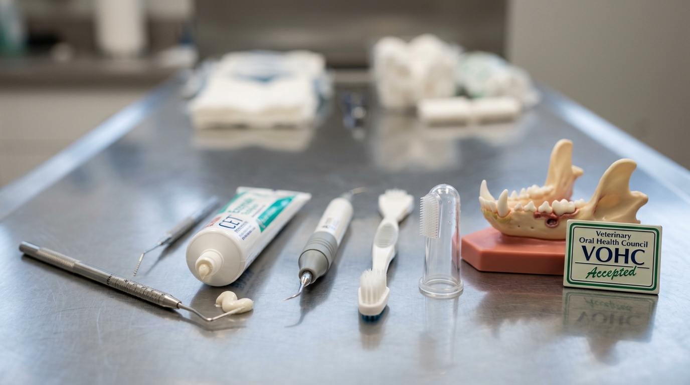 Figure 1: Veterinary Home Dental Care & VOHC Standards Exhibit — Macro examination showing calibrated periodontal probe depth markings, pet-safe enzymatic toothpaste (zero fluoride/xylitol), soft finger brushes, and official VOHC Seal of Acceptance beside an anatomical periodontal disease model.