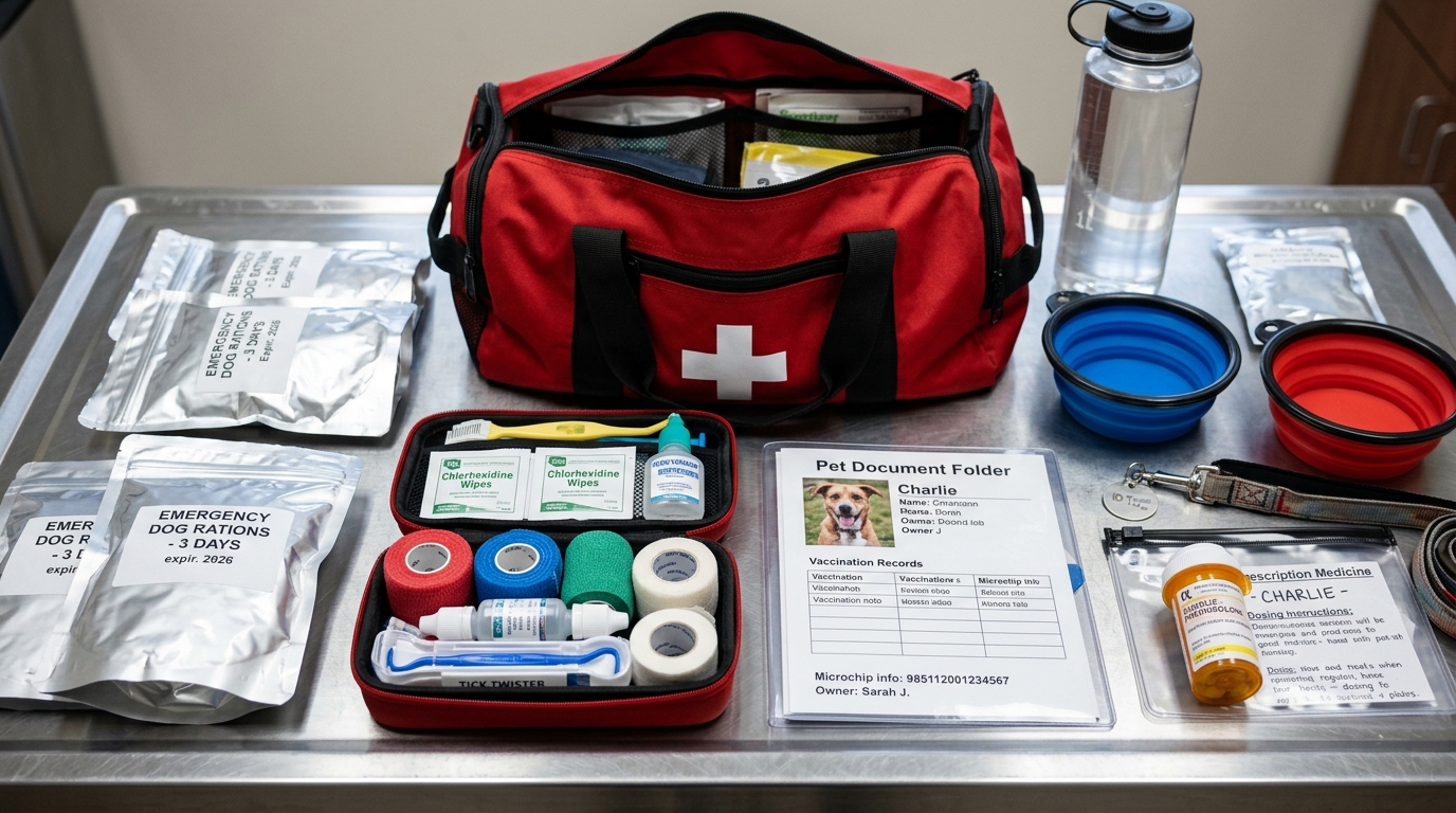 Figure 1: Companion Animal Evacuation Go-Bag & Medical Supply Architecture — Macro clinical layout of an unzipped high-visibility emergency duffel containing sealed Mylar food rations, collapsible silicone bowls, veterinary first-aid supplies (chlorhexidine, cohesive wrap), and waterproof identification document pouches.