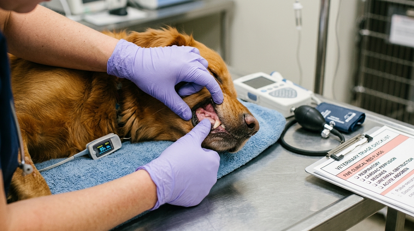 Figure 1: Emergency Perfusion & Capillary Refill Time (CRT) Assessment — Macro clinical view of a clinician blanching canine gingival tissue to evaluate circulatory shock, supported by Doppler blood pressure telemetry, pulse oximetry, and the Five Clinical Red Flags emergency matrix.
