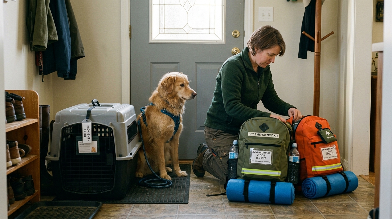 Figure 2: Household Emergency Evacuation Staging & Rapid Departure Readiness — Staging grab-and-go disaster kits at a home entryway beside secured feline carriers and canine walking harnesses with visible emergency veterinary contact luggage tags.