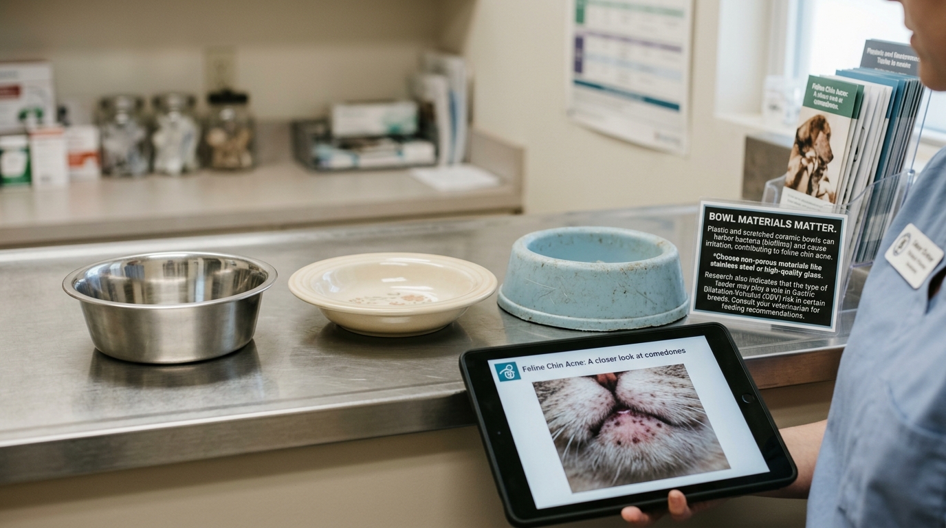 Figure 1: Feeding Station Material Science & Bacterial Biofilm Pathology Exhibit — Macro inspection comparing polished 304 food-grade stainless steel and shallow ceramic dishes against scratched plastic bowls, alongside a tablet displaying feline chin acne and Purdue University GDV risk placards.