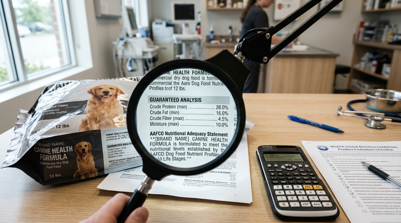 Pet food guaranteed analysis label showing dry matter basis calculations for phosphorus and protein