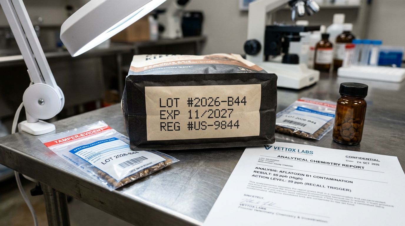 Figure 1: Commercial Pet Food Recall & Lot Code Forensic Exhibit — Macro laboratory examination illuminating package lot numbers and expiration dates beside an analytical chemistry report confirming aflatoxin B1 contamination exceeding action limits, with retention sample vials.