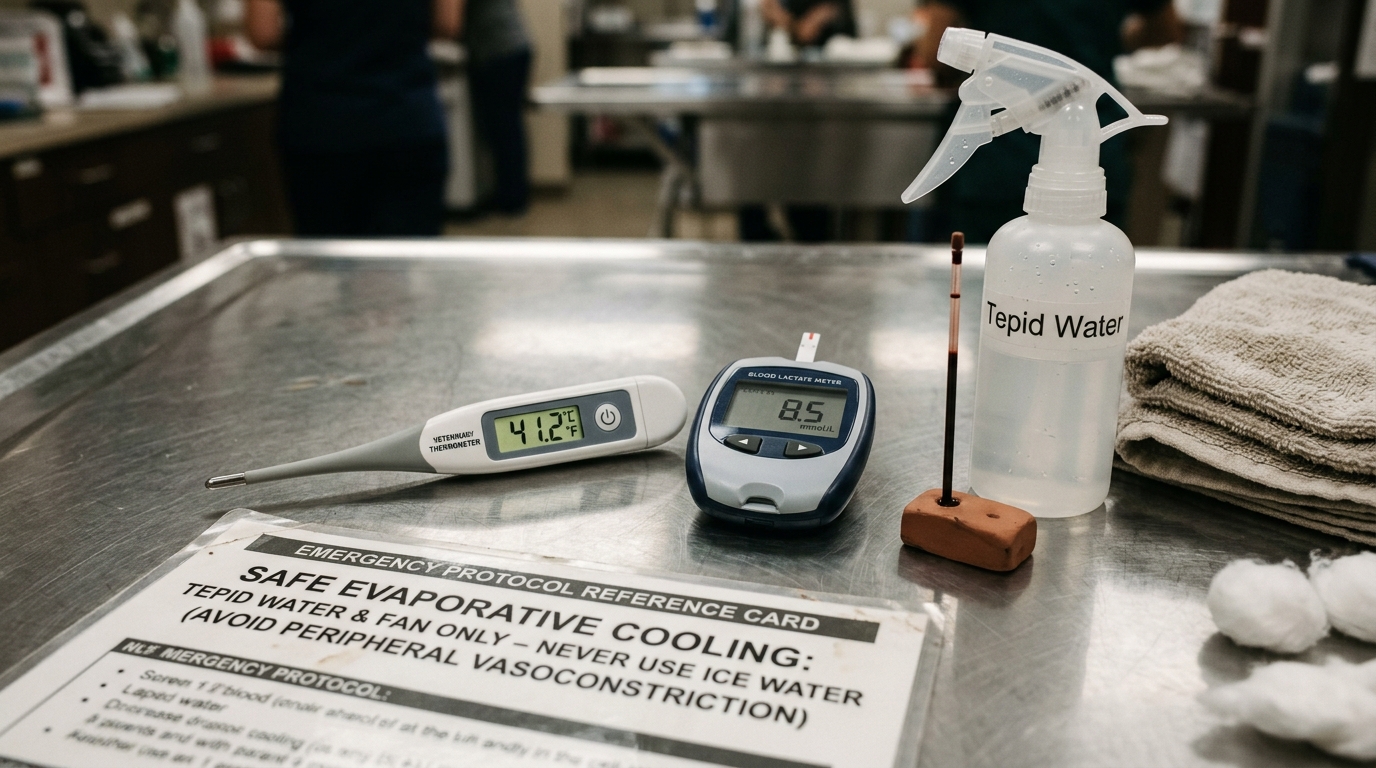 Figure 1: Canine Heatstroke Diagnostic & Evaporative Cooling Protocol Exhibit — Macro display of digital core temperature elevation (41.2°C), severe lactic acidosis, and hemoconcentration beside the strict veterinary guideline: use tepid water and fans only; never use ice water to prevent reflex vasoconstriction.