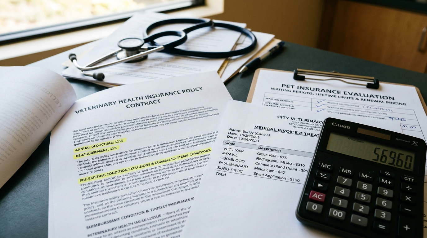 Figure 1: Pet Insurance Policy Anatomy & Reimbursement Math Exhibit — Macro examination of an official policy contract highlighting annual deductibles, copay percentages, and bilateral condition exclusions, alongside an itemized hospital invoice and reimbursement calculator.