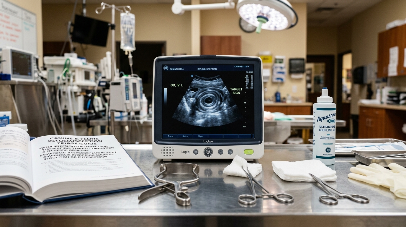 High-resolution abdominal ultrasound displaying intestinal muscularis layer thickening and loss of bowel wall layering