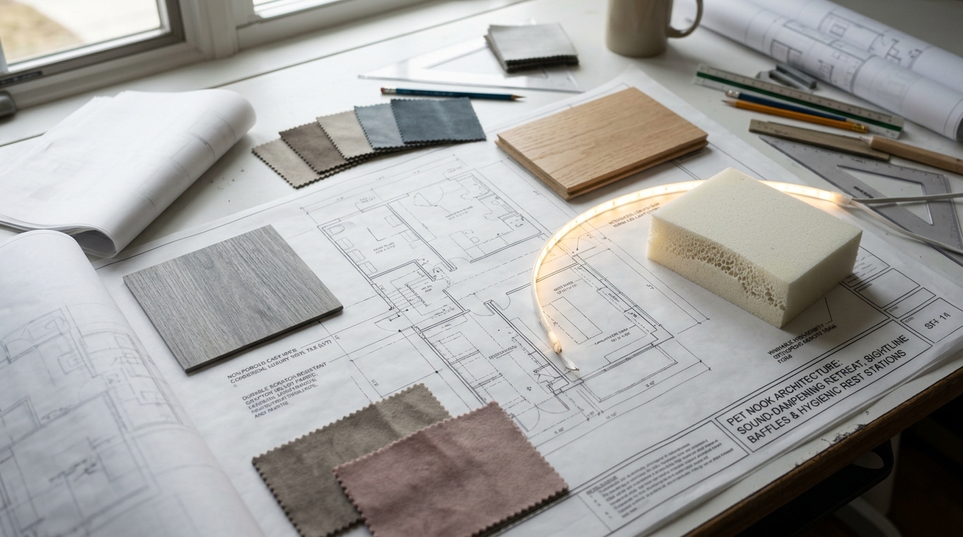 Figure 1: Pet Nook Architectural Blueprint & Material Selection Exhibit — Macro display of architectural construction plans specifying acoustic sound baffles, non-porous wipeable flooring, scratch-resistant Crypton upholstery swatches, and orthopedic foam bedding.