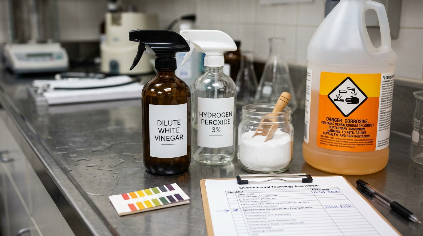 Figure 1: Pet-Safe Cleaning Chemistry & Quaternary Ammonium Warning Exhibit — Macro laboratory display of non-toxic pet-safe cleaning solutions (dilute white vinegar, hydrogen peroxide 3%, baking soda) alongside a commercial floor cleaner highlighting the corrosive hazard of benzalkonium chloride / quaternary ammonium compounds causing tongue ulceration in grooming pets.