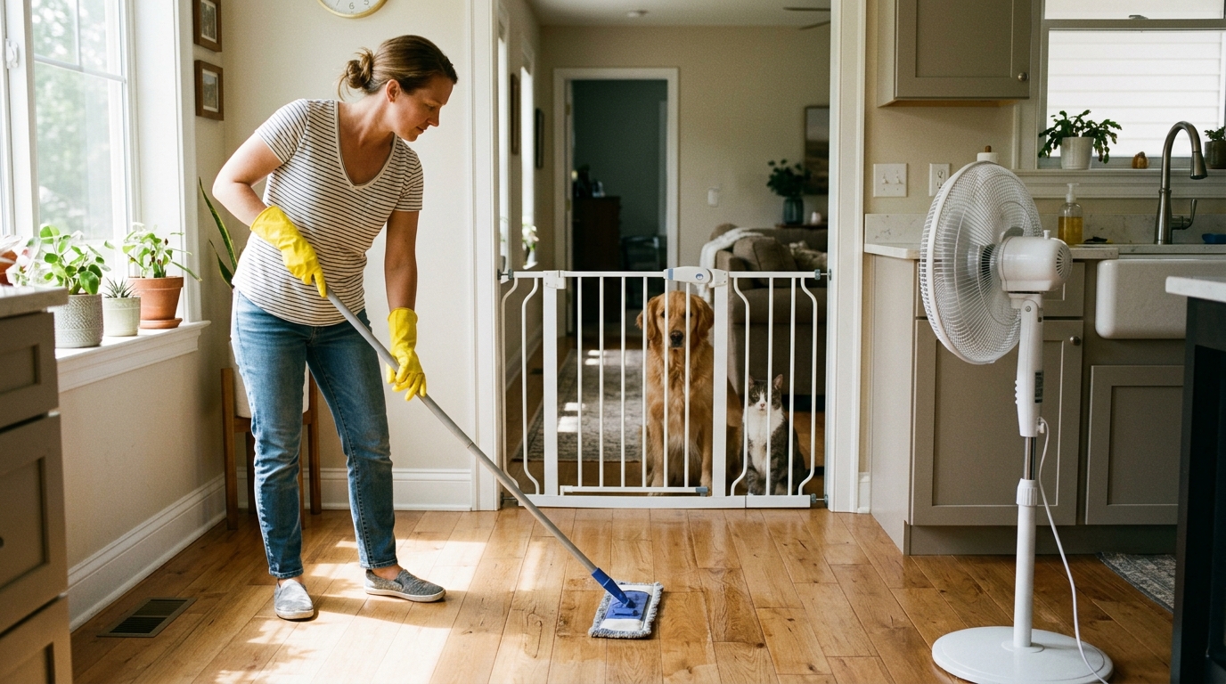 Figure 2: Physical Exposure Control & Convective Drying Protocol — In-home application of pet-safe floor cleaning featuring a physical baby gate isolating a curious dog and cat in an adjacent room while an oscillating floor fan accelerates complete surface drying before pet re-entry.