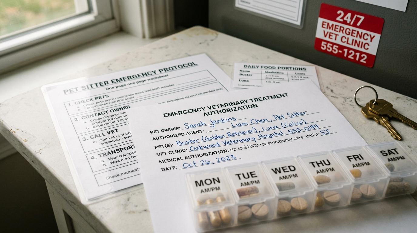 Figure 1: Pet Sitter Emergency Protocol & Veterinary Medical Authorization Exhibit — Macro view of a laminated emergency care authority worksheet with credit card pre-authorization notes, AM/PM daily medication organizers, portion cards, and 24/7 emergency hospital contact cards.