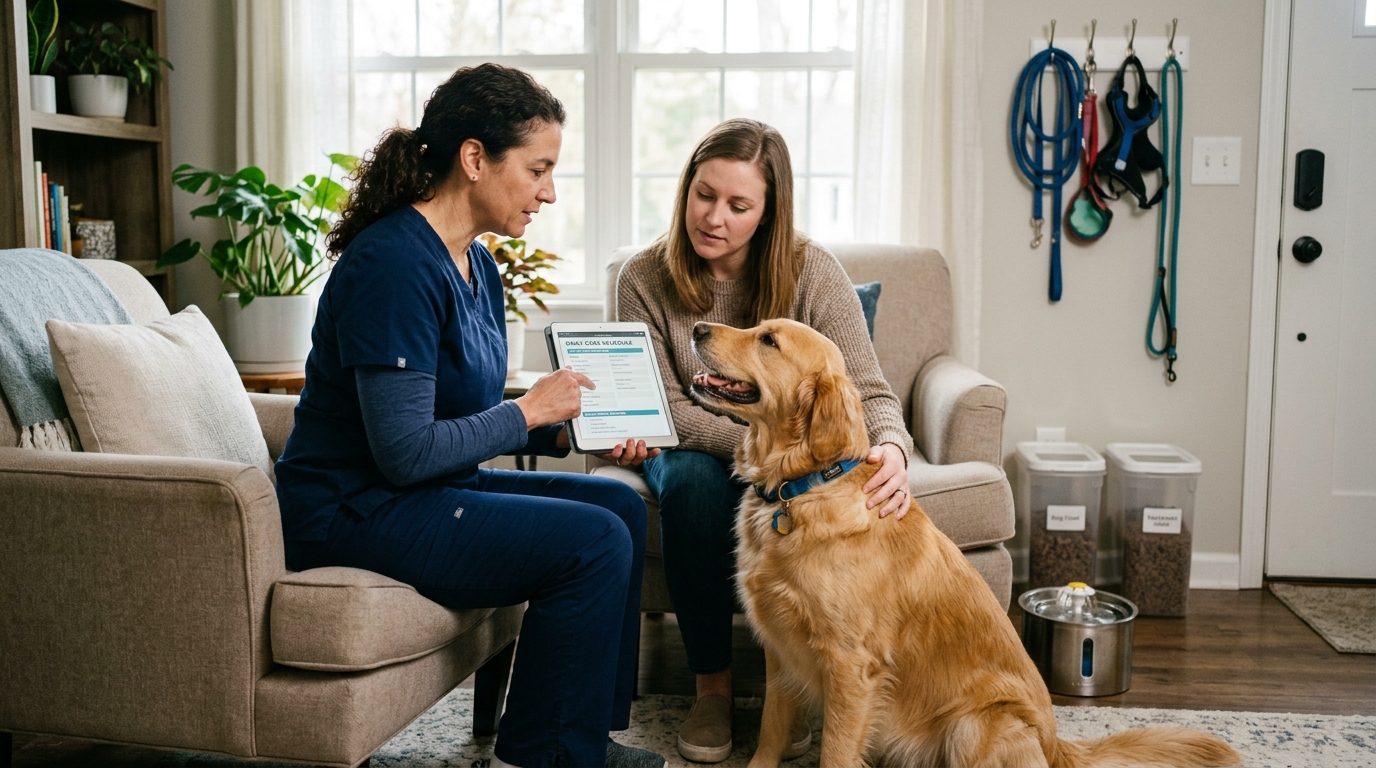 Figure 2: Professional Pet Sitter Handover Rehearsal & Baseline Routine Review — A pet caregiver and professional pet sitter reviewing daily feeding schedules and walking equipment on a tablet while conducting low-stress behavioral introductions with a calm Golden Retriever.