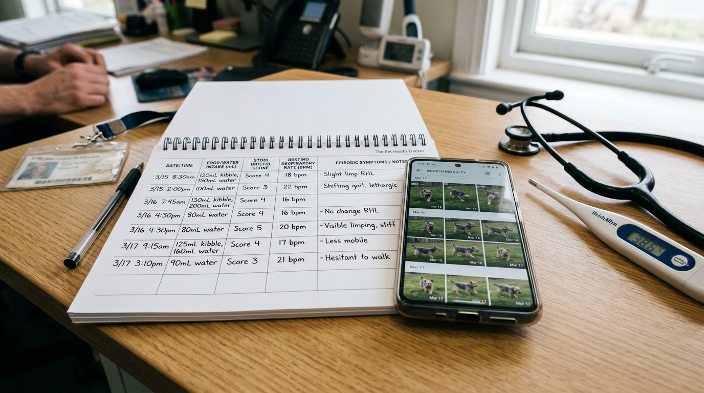 Figure 1: Home Symptom Tracking Logbook & Diagnostic Timeline Exhibit — Macro display of a structured daily clinical health diary tracking intake, Bristol stool consistency scores, resting respiratory rate, and episodic symptom video timestamps alongside diagnostic instruments.