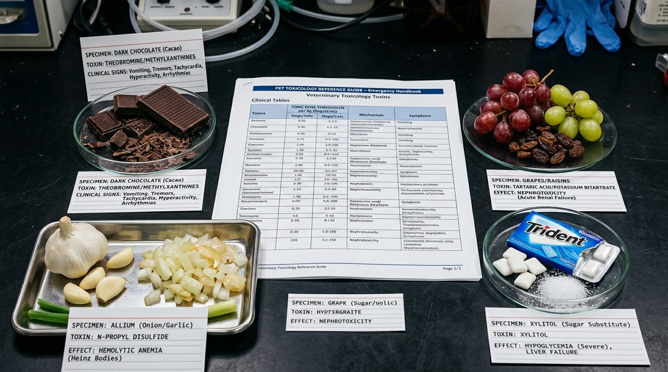 Figure 1: Pet Toxic Foods Chemical Profiling Exhibit — Macro forensic laboratory layout systematically mapping dark chocolate (theobromine), grapes/raisins (tartaric acid), allium bulbs (n-propyl disulfide / Heinz body anemia), and xylitol birch sugar (acute hypoglycemic collapse) against clinical dose thresholds.
