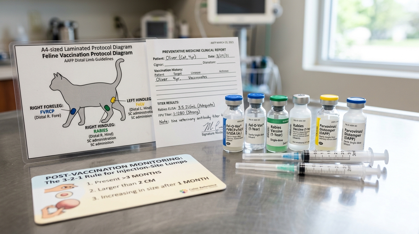 Figure 1: Pet Vaccine Pharmacology & AAFP Distal Limb Protocol Exhibit — Macro display of canine/feline single-dose vaccine vials, antibody titer test reports, and anatomical feline injection guidelines detailing the 3-2-1 monitoring rule for post-vaccine lumps to prevent injection-site sarcomas.
