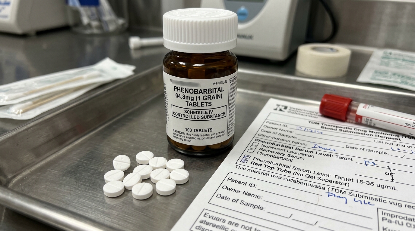 Prescription amber glass bottle of Phenobarbital 64.8mg 1 grain tablets with scored white pills and clinical TDM laboratory request form