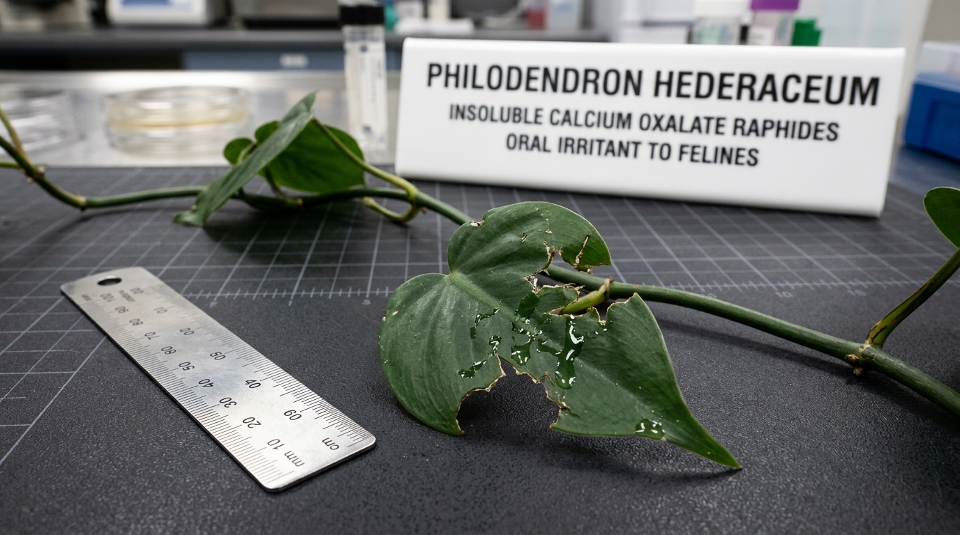 Chewed Heartleaf Philodendron leaf with feline tooth punctures exuding clear sap droplets beside metric surgical ruler