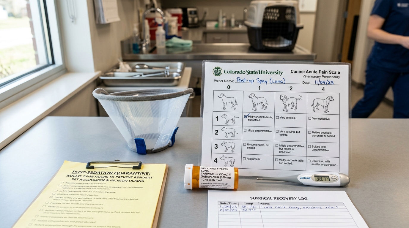 Figure 1: Post-Sedation Pain Assessment & CSU Acute Pain Scale Exhibit — Macro clinical view of the Colorado State University Canine Acute Pain Scale chart, clear protective Elizabethan cone collar, post-operative analgesic bottles, and incision monitoring logs.