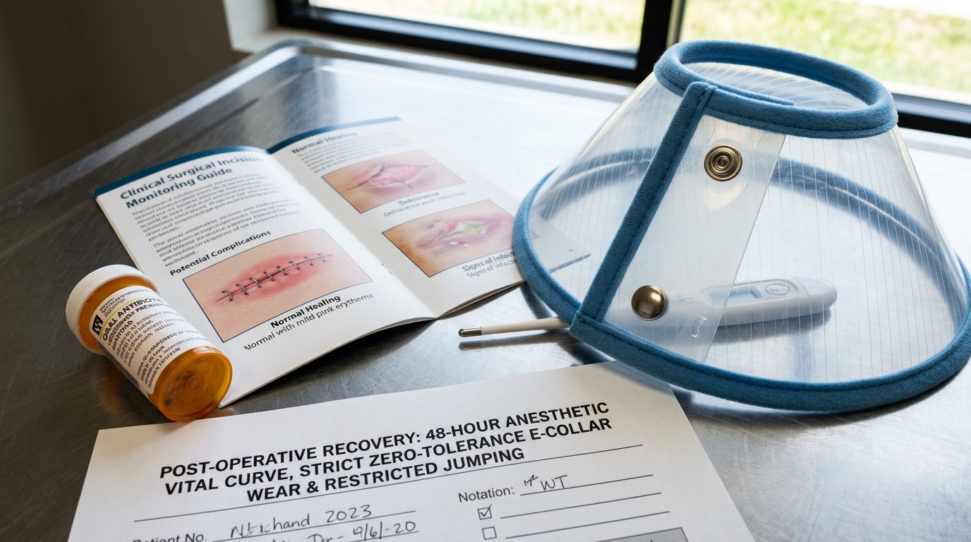 Figure 1: Post-Surgical Incision Monitoring & E-Collar Compliance Exhibit — Macro layout of a clear padded Elizabethan collar, surgical incision healing reference diagrams (contrasting clean closure against dehiscence), antibiotic medication, and recovery flowcharts.