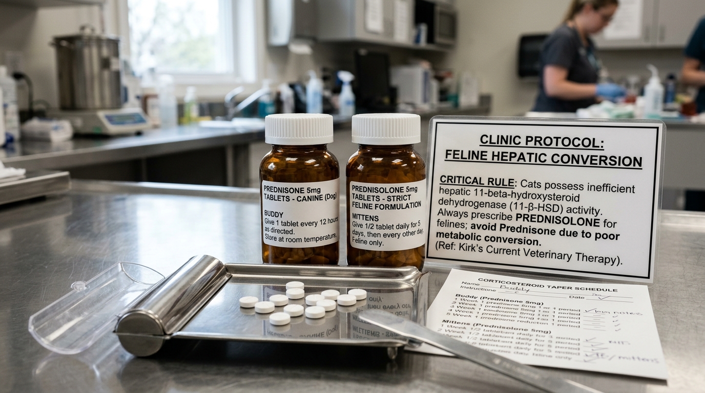 Prescription bottles of Prednisone for dogs and Prednisolone for cats with clinical directive on feline hepatic conversion