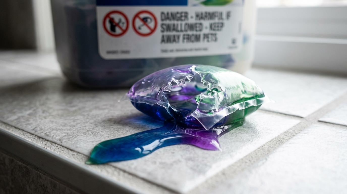Punctured liquid laundry detergent pod showing burst PVA membrane and spilled viscous blue and purple surfactants on laundry tile