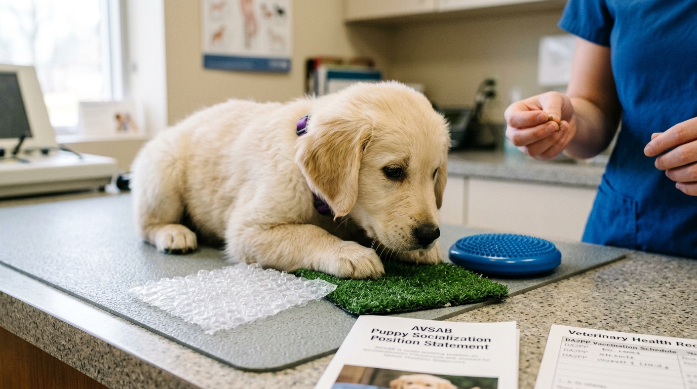 Figure 1: Early Puppy Socialization & Sensory Habituation Exhibit — Macro examination showing a 9-week-old puppy exploring varied tactile surfaces (astro-turf, bubble wrap, balance disc) with low-stress treat pairing, framed by official AVSAB socialization guidelines and core DA2PP vaccine tracking.