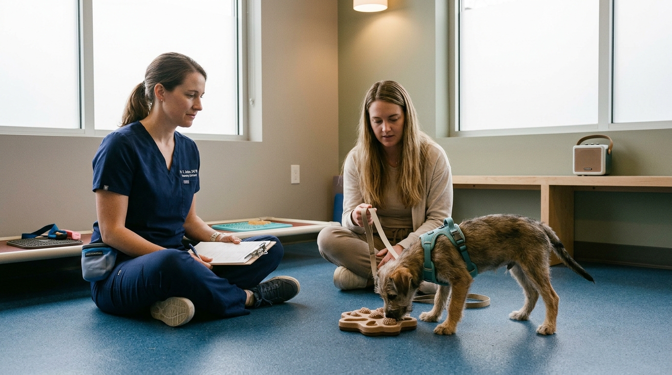 Figure 2: Veterinary Behavioral Consultation & Subthreshold Exposure — A board-certified veterinary behaviorist (DACVB) coaches puppy caregivers through the Observe, Approach, Retreat, Recover cycle, using low-stress handling protocols and sound desensitization.