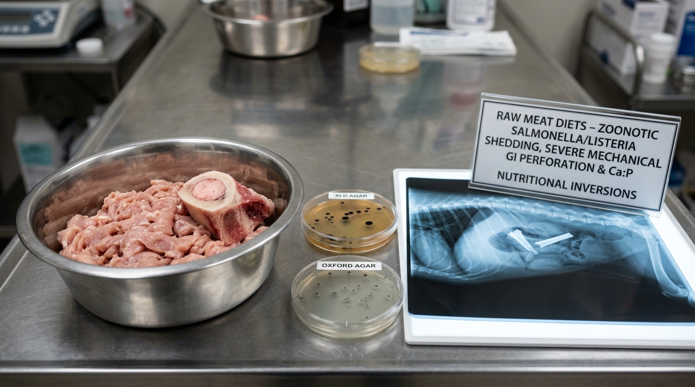 Figure 1: Raw Meat Microbiological & Mechanical Hazard Exhibit — Macro pathology display showing raw poultry and marrow bone beside positive selective agar cultures (Salmonella and Listeria monocytogenes) and abdominal radiographs showing sharp bone fragment impactions.