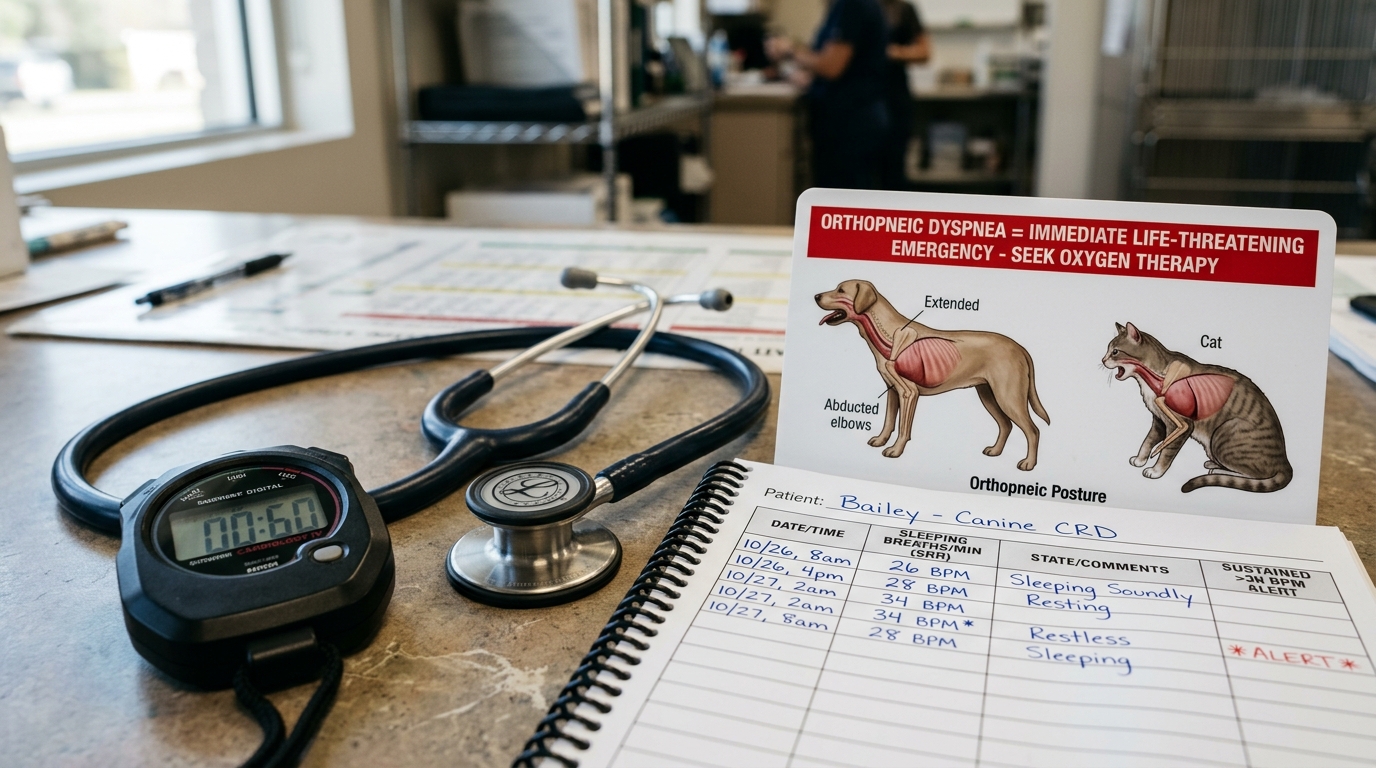 Figure 1: Sleeping Respiratory Rate (SRR) & Orthopneic Posture Triage Exhibit — Macro display of a digital 60-second stopwatch, cardiology stethoscope, patient SRR home diary tracking >30 BPM thresholds, and an orthopneic posture emergency callout card.