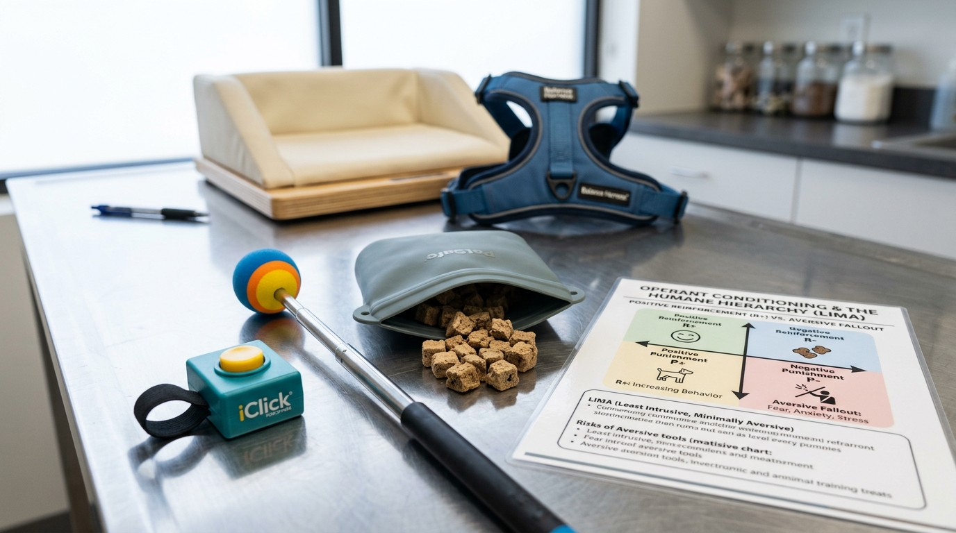 Figure 1: Modern Force-Free Operant Conditioning Exhibit — Macro layout of professional clicker mechanics, target stick, high-value freeze-dried rewards, and the Humane Hierarchy (LIMA) clinical reference chart rejecting aversive training fallout in veterinary medicine.