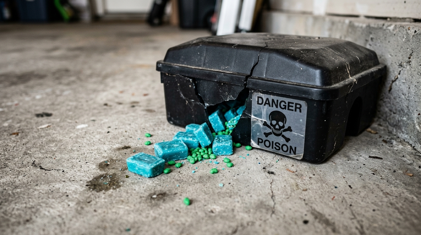 Cracked black rodent bait station showing spilled turquoise anticoagulant wax blocks with danger skull warning