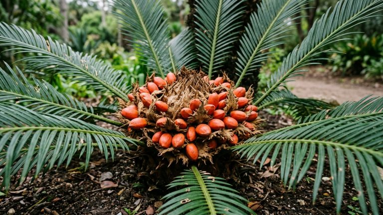Botanical close-up of a female Sago Palm showing toxic seeds and foliage