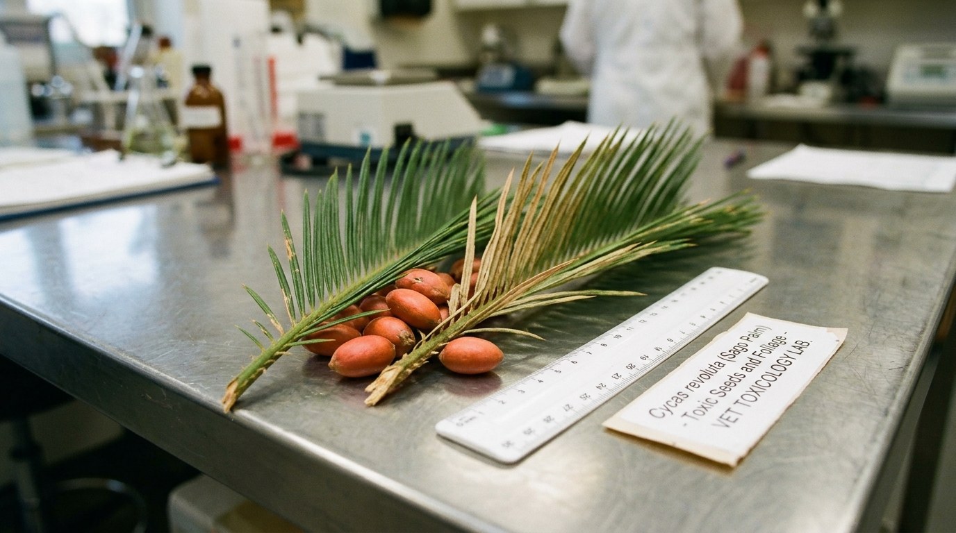 Botanical specimen of Sago Palm seeds and fibrous leaves displaying toxic cycad structures